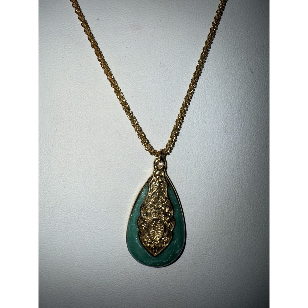 Vintage Gold Tone Green Enamel Sterling Silver Necklace 925 Tear Drop Statement